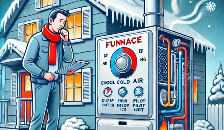 Illustration of a furnace blowing cold air, with a concerned homeowner checking the thermostat, highlighting common heating issues.