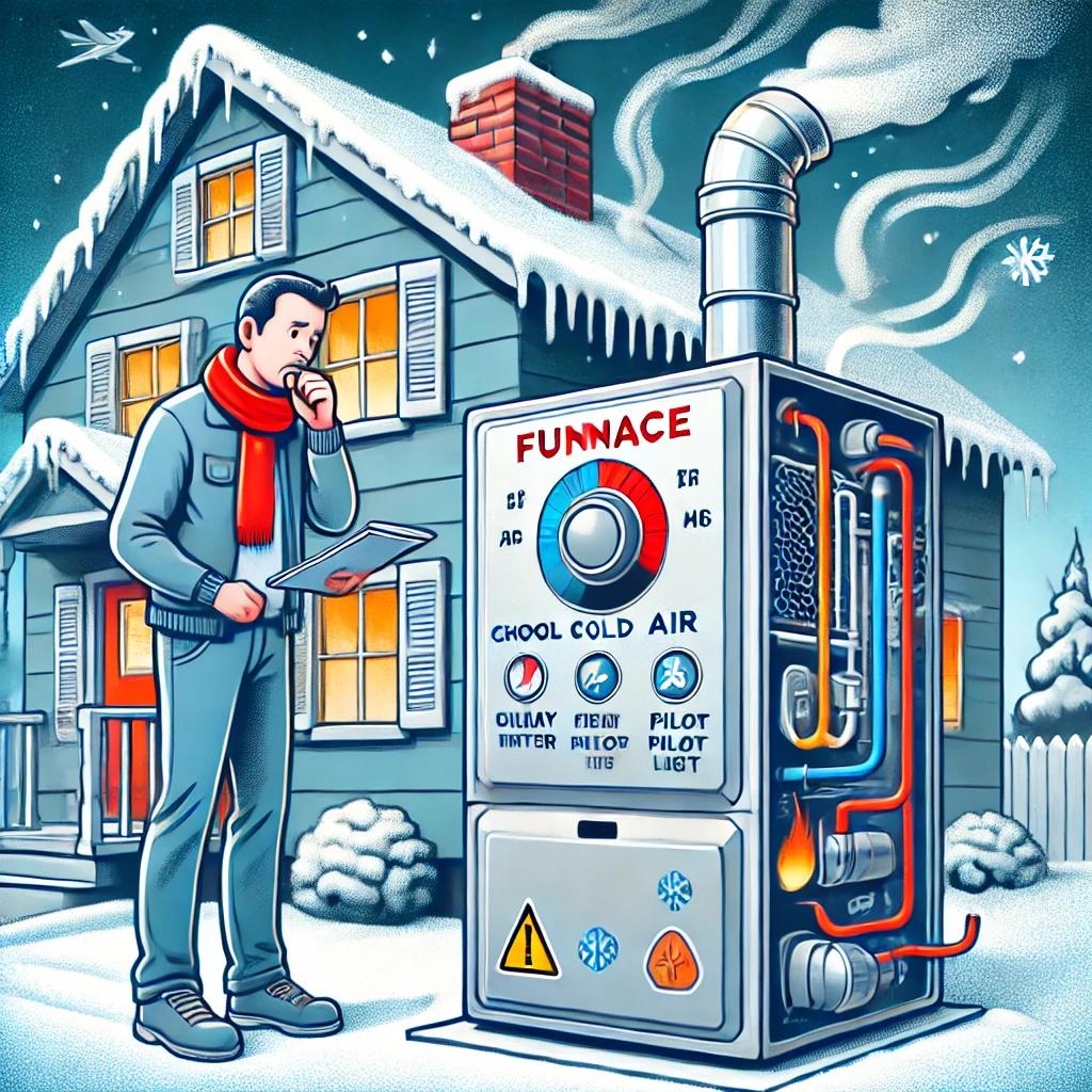 Illustration of a furnace blowing cold air, with a concerned homeowner checking the thermostat, highlighting common heating issues.