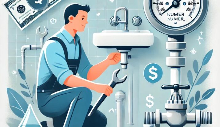 Illustration of a plumber performing routine maintenance to reduce utility costs, checking pipes, water meter, and fixing leaks.