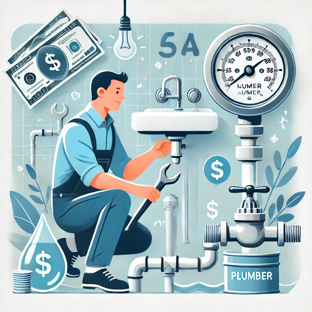 Illustration of a plumber performing routine maintenance to reduce utility costs, checking pipes, water meter, and fixing leaks.