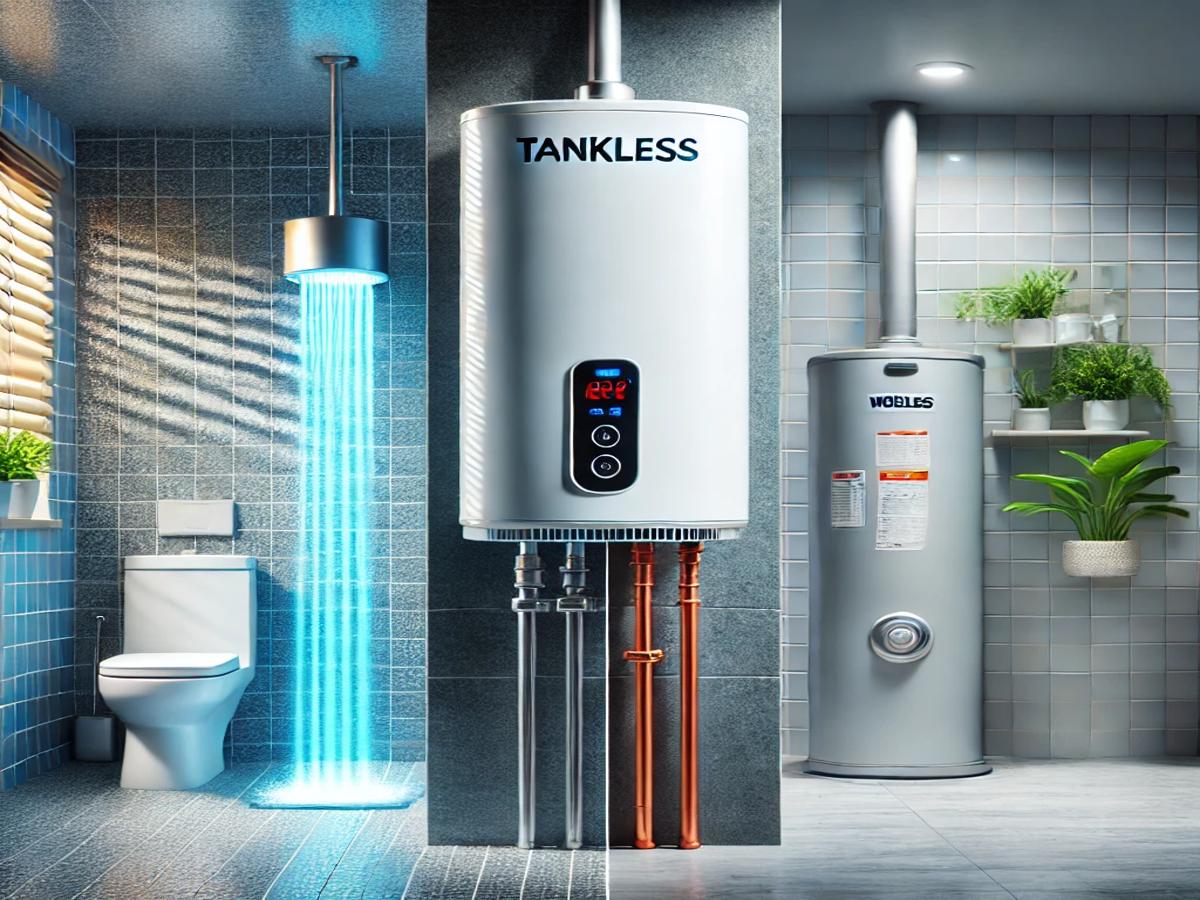 Comparison of tankless vs. traditional water heaters, showing energy efficiency and space-saving benefits.
