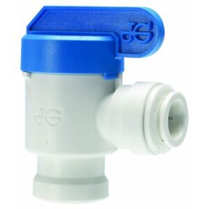 John Guest® PPSV501222W-US Reverse Osmosis 90 deg Shut-Off Valve, 3/8 in, Push-Fit x NPTF, Polypropylene Body, Blue/White