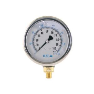 Boshart Industries PG40-300-GNL Pressure Gauge, 0 to 300 psi, 1/4 in Connection, 4 in Dia Dial, +/- 1.5% Full Scale Accuracy, 5 psi Graduation, Glycerine Liquid Filled, Black