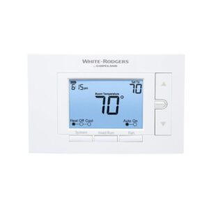 White-Rodgers™ 1F85U-22PR 80 Series Single or Two-Stage Thermostat, Programmable Thermostat, 5 in Display, 45 to 99 deg F Control, 1.9 deg F Differential, Heat/Off/Cool Fan/Auto Action, RC/RH/C/W/E/W2/Y/Y2/O/B/6/G/L Terminal, White, Dual Powered
