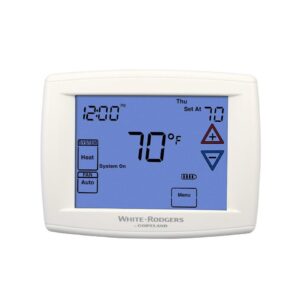 White-Rodgers™ 1F95-1277 Blue Series Single or Two-Stage Touchscreen Thermostat, Programmable Thermostat, 12 in Display, 45 to 99 deg F Control, 1.2 deg F Differential, Heat/Off/Cool Fan/Auto Action, RC/RH/C/W/E/W2/Y/Y2/O/B/G/L/6/+/S/- Terminal, White, Dual Powered
