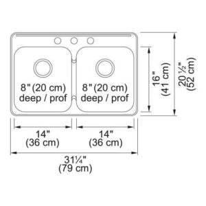 Kindred QDL2031/8/3 QDL STEEL QUEEN Kitchen Sink, H-High-Gloss/Satin, Square, 14 in L x 16 in W x 8 in D Bowl, 3 Faucet Holes, 31-1/4 in L x 20-1/2 in W, Drop-In/Top Mount, 20 ga Stainless Steel